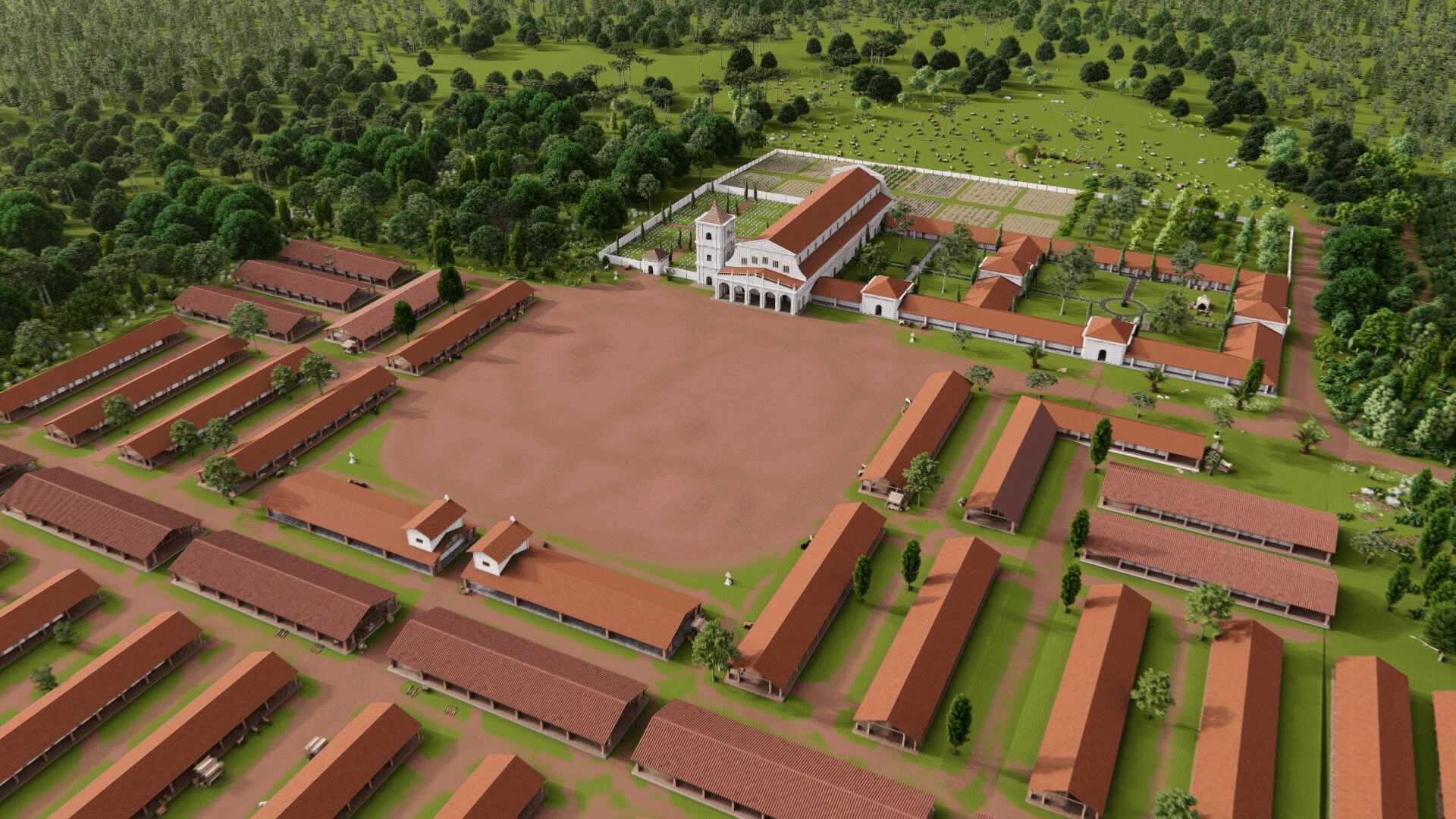 Vista aerea da reconstituicao digital da Reducao Jesuitica