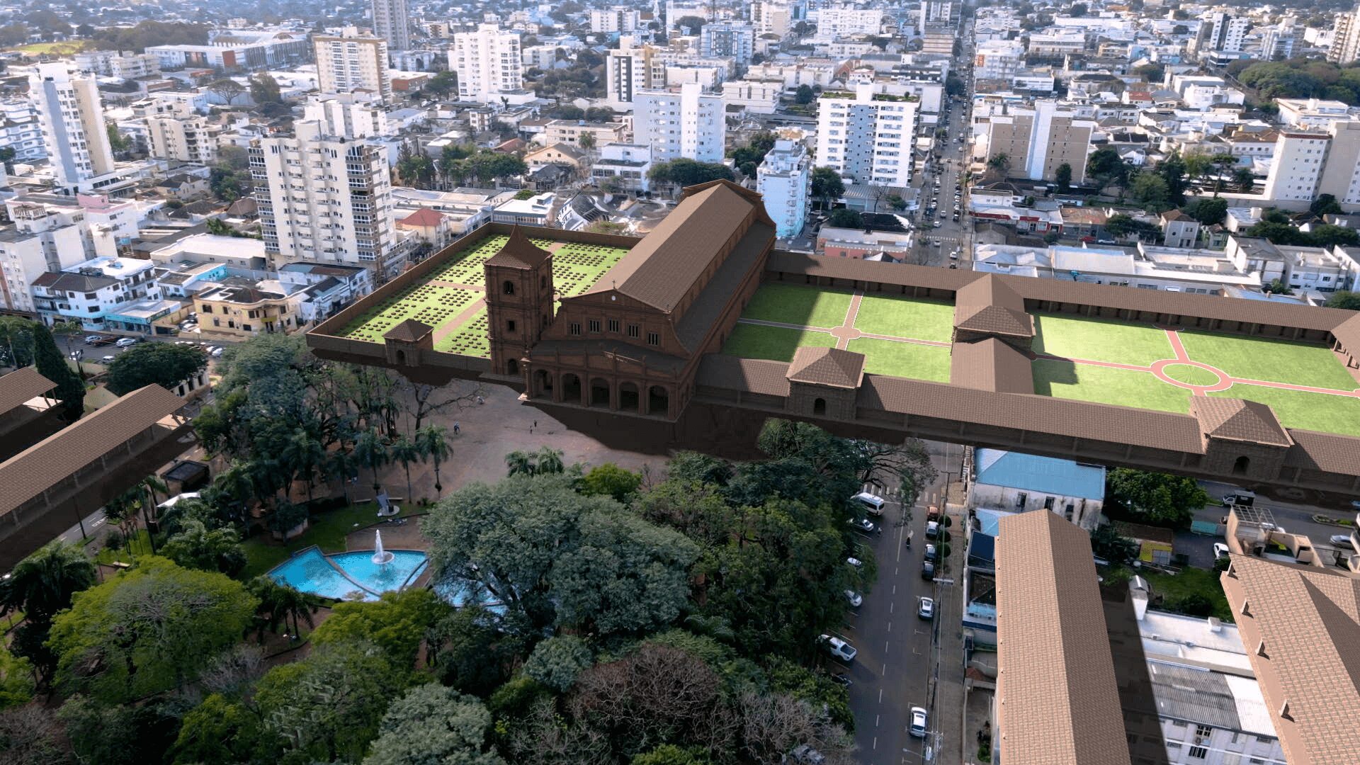 Vista aérea da redução histórica reconstruída digitalmente